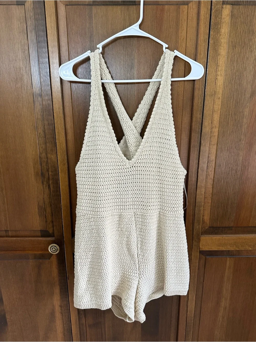 Free People Crochet Knit Romper - Cream Sleeveless V-Neck